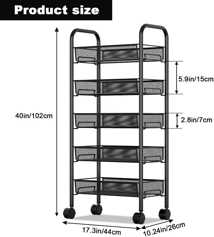 Black metal six-tier rolling storage cart with mesh baskets and four casters displaying product dimensions of 40 inches high 17.3 inches wide and 10.24 inches deep with varying basket heights of 5.9 and 2.8 inches